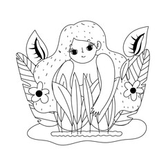 happy garden, girl flowers foliage nature decoration line icon style