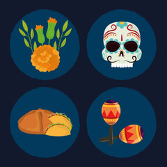 day of the dead, set icons skull bread flowers and maracas, mexican celebration