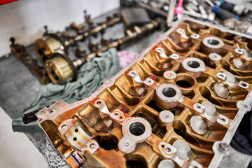 Disassemble engine block vehicle. Motor capital repair. Sixteen valve and four cylinder. Car...