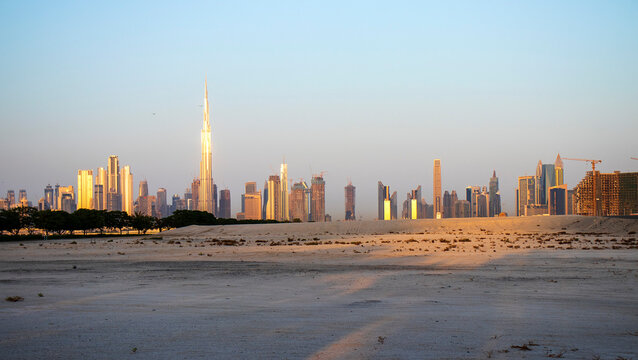 Sunrise over a skyline of a beautiful city of Dubai. Shot made in Jadaf area of the city. UAE.