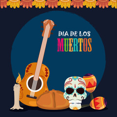 day of the dead, skull guitar maracas bread and candle, mexican celebration