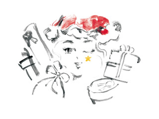 手描きのクリスマスプレゼントをいっぱい抱えたサンタ帽を被った笑顔の女性イメージ