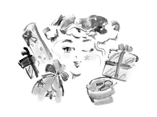 手描きのクリスマスプレゼントをいっぱい抱えたサンタ帽を被った笑顔の女性イメージ