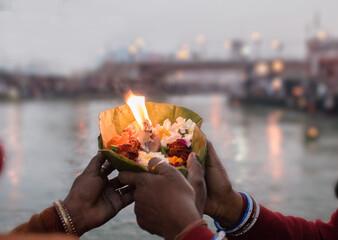 Puja flowers offering for the Ganges river in Rishikesh, India
