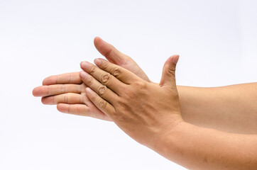 Close up of two hands wash clean with alcohol for protect covid-19, Isolated on white background, place for text or sign. Protect outbreak covid-19 concepts.