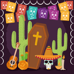 day of the dead, coffin cactus skull hat guitar candle flower, mexican celebration