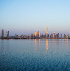 Sunrise over a skyline of a beautiful city of Dubai. Shot made in Jadaf area of the city. UAE.