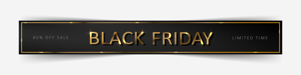 Black Friday sale poster. Commercial discount event banner. Black background with gold lettering.