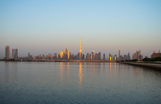 Sunrise over a skyline of a beautiful city of Dubai. Shot made in Jadaf area of the city. UAE.