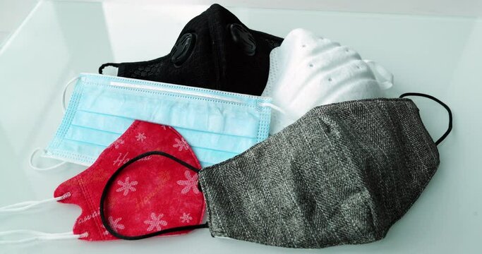 Covid-19 masks: Different types of face masks protection for coronavirus prevention: reusable homemade cloth wear, disposable medical mask and n95 respirator