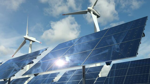 Animation of the ecological clean power with solar panels cells at the front and wind turbines and generators on the background. Those alternative types of electrical energy are clean, eco and green.