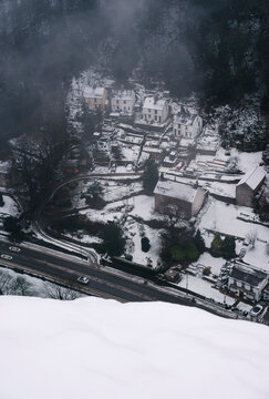 View from High Tor overlooking Matlock Bath in snow.