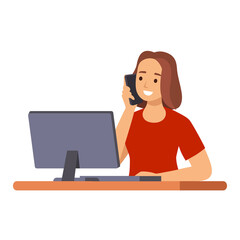 business woman sitting at workplace desk front view business man using computer while talking on landline phone working process concept creative office interior flat horizontal