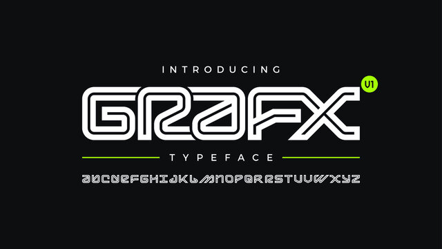 Bold strong futuristic techno robot inline font geometric clean letters set font grafx typeface