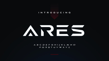 Futuristic ancient modern techno sci fi display font, abstract geometric stencil expanded alphabet, clean monospaced letter set ares typeface © Nanda Krista