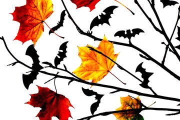 Halloween card with bats, autumn leaves and branch isolated on white background