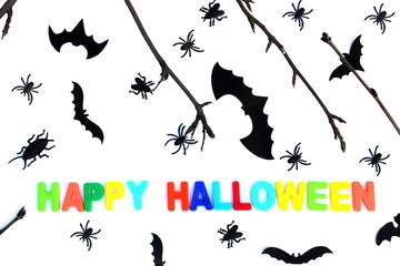 Lettering happy halloween with decoration on white background
