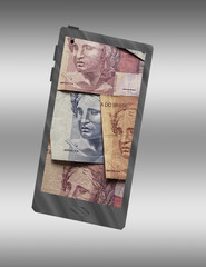 illustration for mobile technology themes in economics and finance with brazilian money