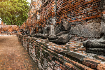 Ancient Statue of Buddha and Archaeological site at Ayutthaya Historical Park, Thailand. UNESCO world heritage