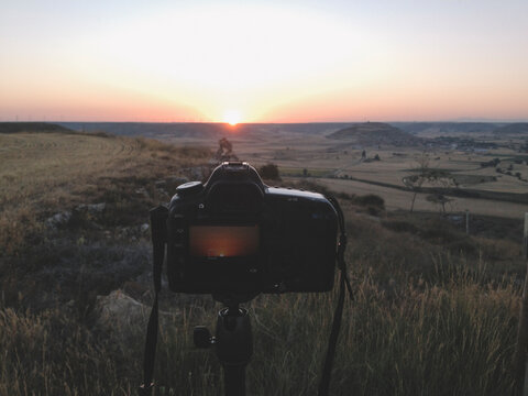 Digital camera capturing sunrise in the Spanish Mesetas