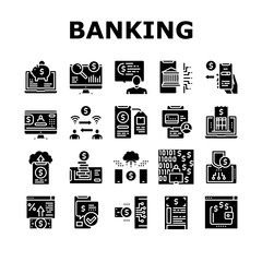 Online Banking Finance Collection Icons Set Vector. Online Banking Payment And Bank Account, Electronic Money And Wallet, Purchase Report Discharge Concept Linear Pictograms. Contour Illustrations