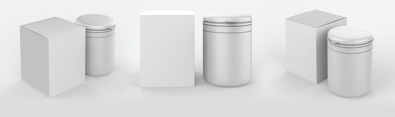 glossy jar with lid for sport powder - protein, vitamins, bcaa, tablets. Photo-realistic packaging mockup template. 3d illustration