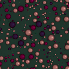 Shiny pearl balls with highlights and shadows on a dark green background. Asbract New Year or Christmas 3d illustration. Seamless backdrop pattern for background, paper or fabric. 