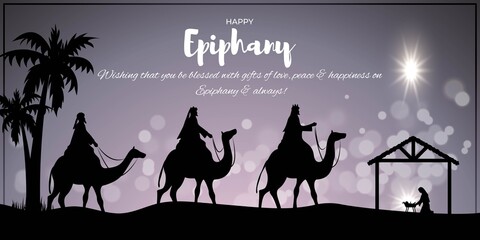 Vector illustration of Epiphany, christian festival, three wise men on camel, bright star, nativity of Jesus, bokeh background.