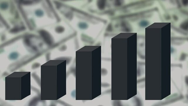 A growing histogram in the form of black pillars. Blurred background of banknotes. 3D animation