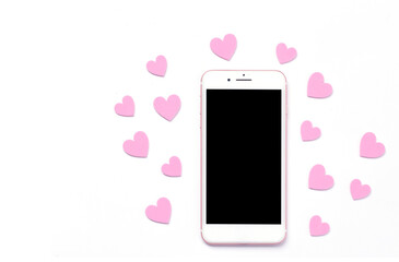 mobile phone with blank screen on white background with pink hearts, Love symbol , valentine day concept,background design.