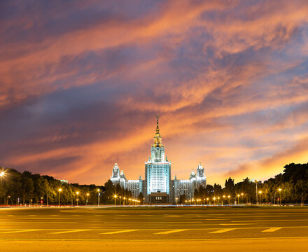 Lomonosov Moscow State University on Sparrow Hills (against the background of a beautiful sunset), main building, Russia. It is the highest-ranking Russian educational institution