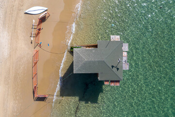 Lifeguard station on a Mediterranean Beach, Aerial view. 