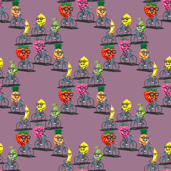 seamless cartoon fruit pattern riding a bike on a pink background. Vector image