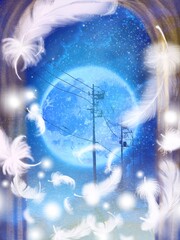 Landscape of flying white feathers around old entrance and blue full moon over starry space 