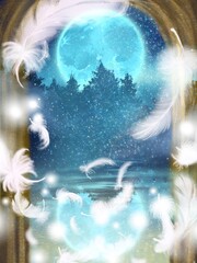 Landscape of flying white feathers around old entrance and blue full moon over the silhouette of northern forest