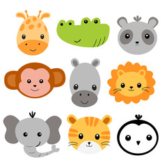 Image with a set of cute animal faces on a white background, in vector graphics. For decoration, prints for childrens clothing, notebook covers, textiles, wrapping paper