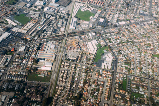 Aerial of industrial and residential area near San Francisco