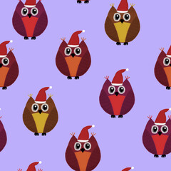 New Year seamless pattern with owls on a purple background