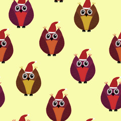 New Year seamless pattern with owl on an yellow background