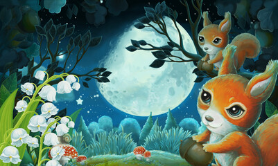 Obraz na płótnie Canvas cartoon image with forest animals by night squirrel fox owl deer - illustration