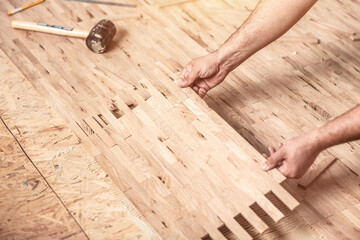 Worker or carpenter laying parquet flooring, lays parquet floor and spreads the glue on the screed and beats the floorboards with the hammer and the block