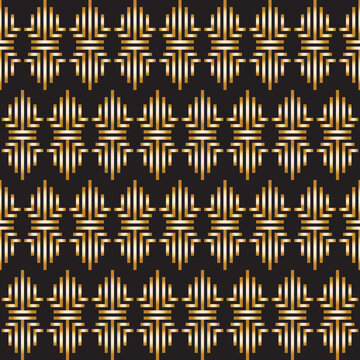 Vector abstract geometrical seamless pattern from golden ethnic ornaments, stripes on a black background. Textile gold patchwork print, Folk batik paint, Art Deco wallpaper, packaging paper