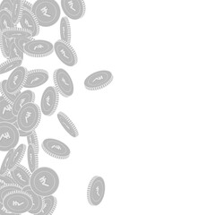 Indian rupee coins falling. Scattered black and wh