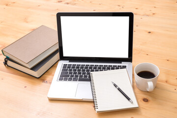 table that have open laptop computer with blank empty screen for your information or content.
