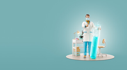 Young scientist with vaccine showing thumb up while standing in laboratory.