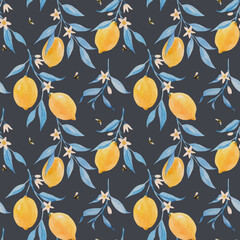 Beautiful vector seamless pattern with hand drawn watercolor lemons and blue leaves. Stock illustration.