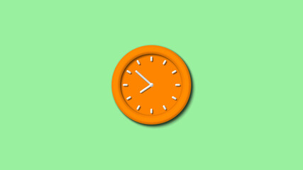 New orange color 3d wall clock isolated on green light background,12 hours clock isolated