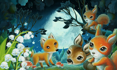 cartoon image with forest animals by night squirrel fox owl deer - illustration