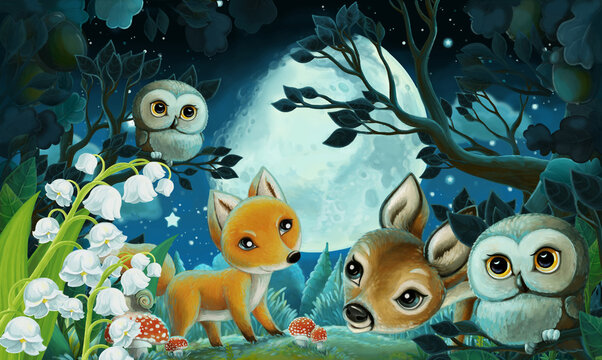 cartoon image with forest animals by night squirrel fox owl deer - illustration © honeyflavour