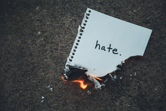 Burning paper with the word Hate